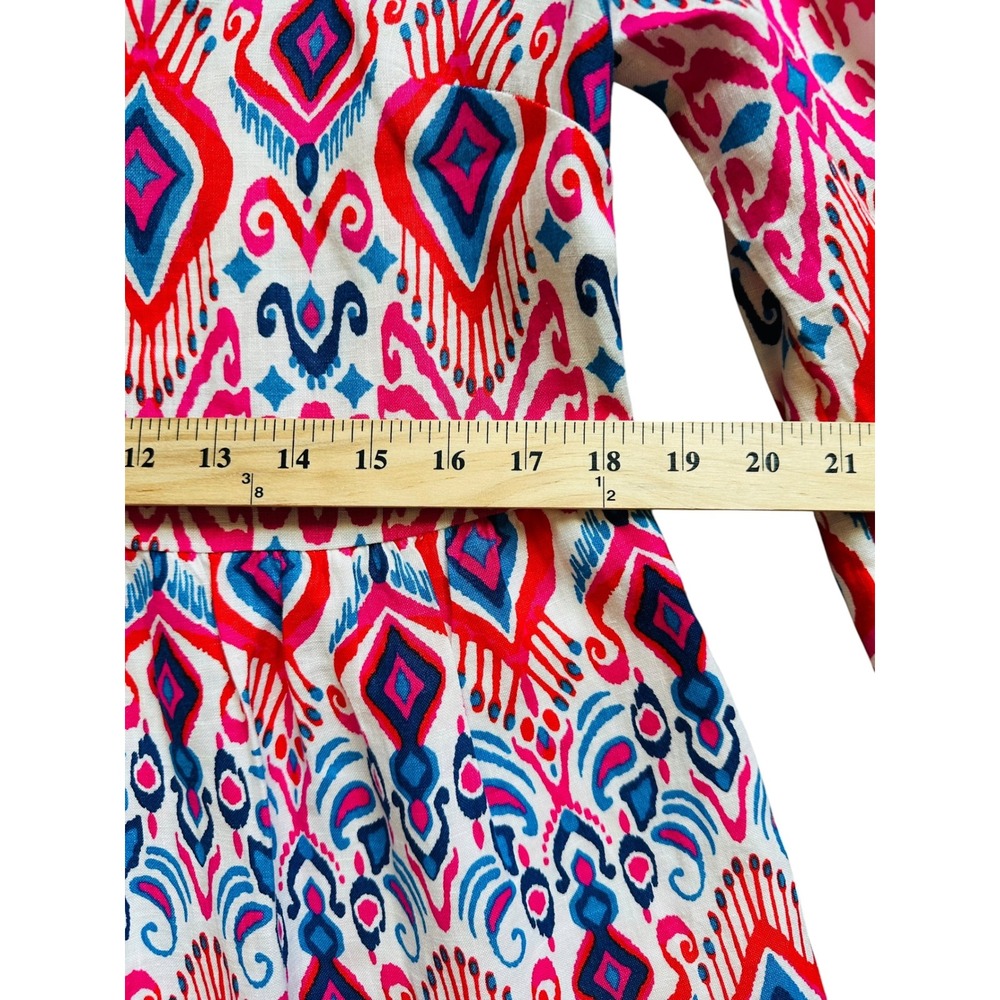 Boho Boden Ikat Tiered Mini Dress Size 10 Pink Blue Bell Sleeve V-Neck - Picture 2 of 7